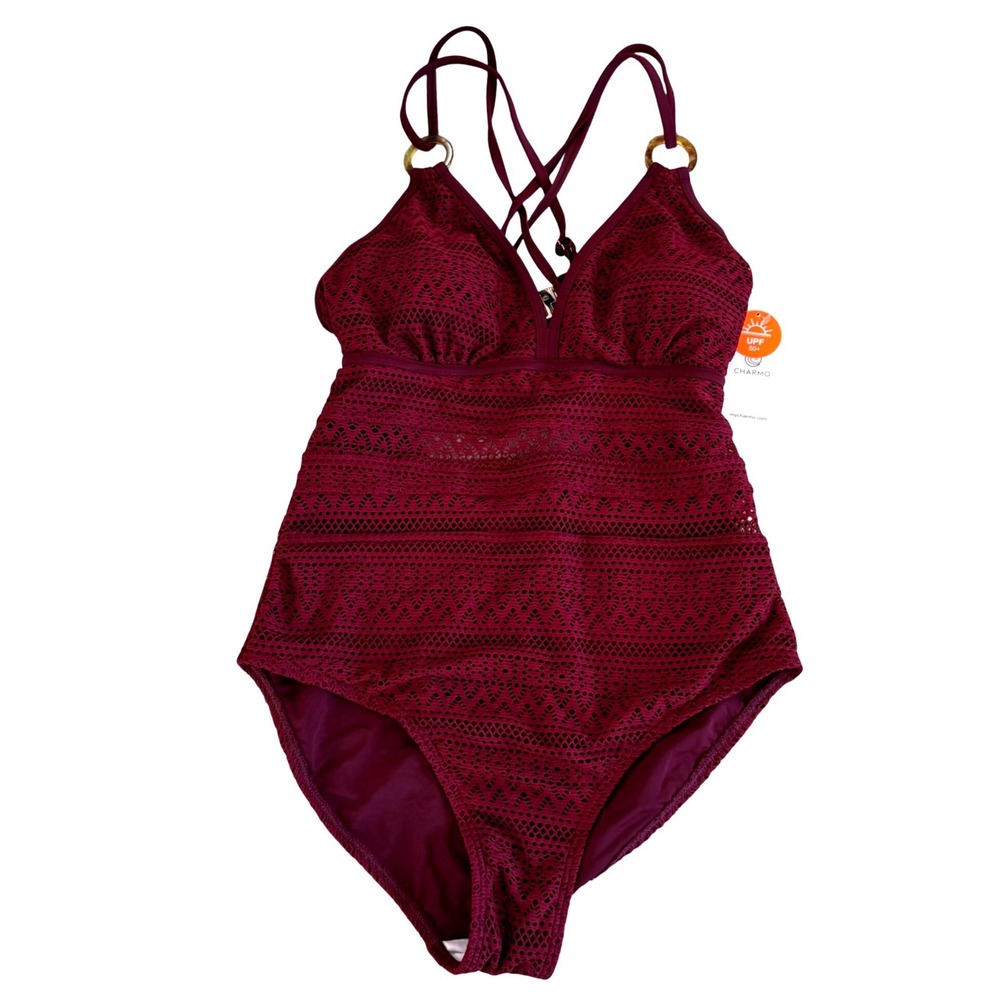 NWT Charmo Womens Burgundy Crochet Lace One Piece Swimsuit UPF 50+ Size Med - Picture 2 of 7